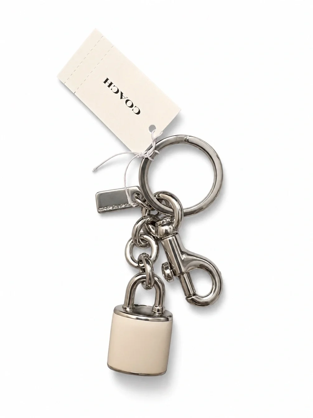 NWT COACH Padlock Bag Charm Keychain Silver White